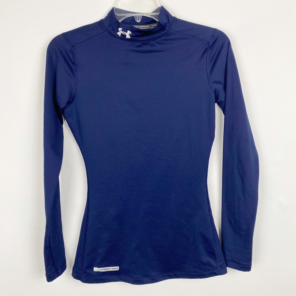 Under Armour ColdGear Mock Neck Fitted Long Sleeve Top Womens XS Navy Blue